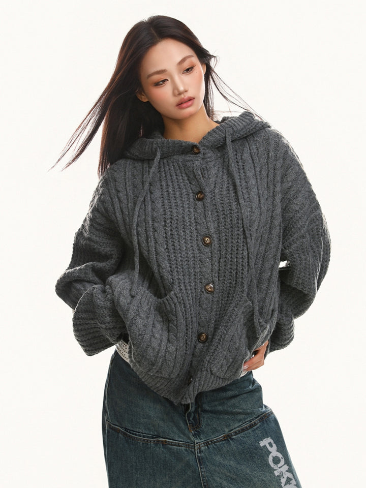Premium Vintage Chunky Knit Hooded Cardigan Sweater
