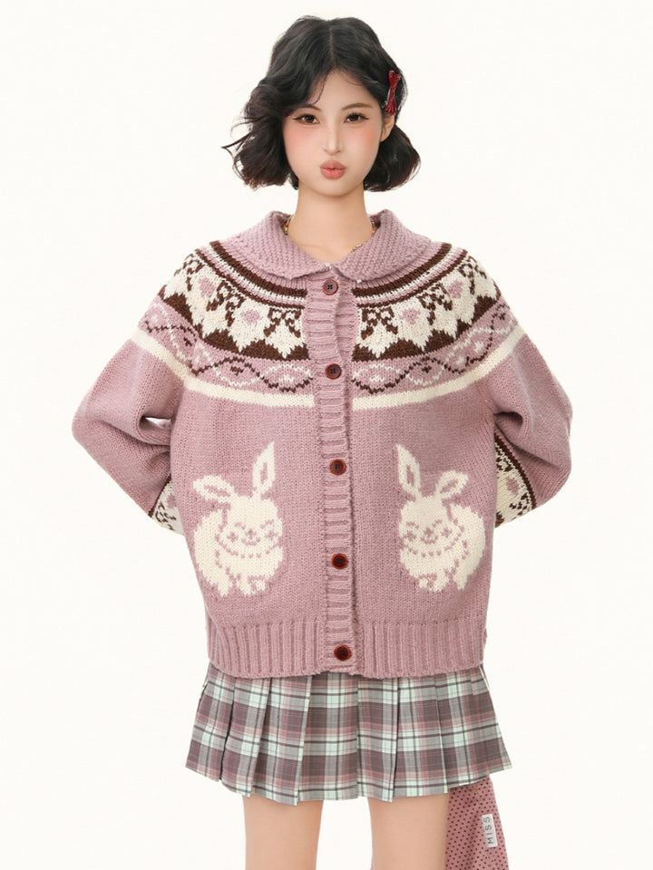 Rabbit Jacquard Cardigan with Peter Pan Collar - Sweet Preppy Knit Coat