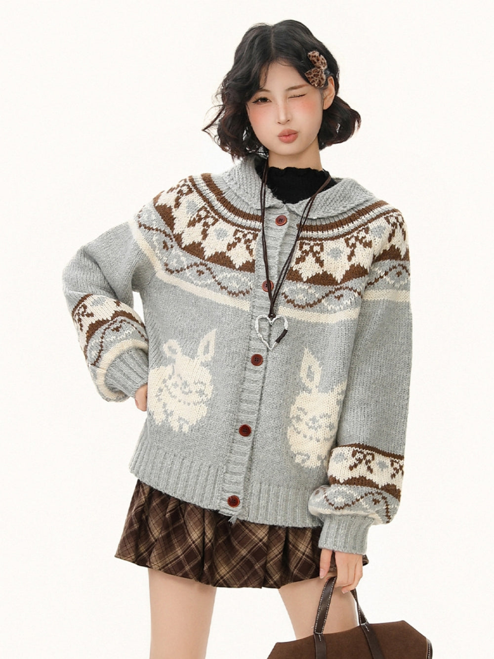 Rabbit Jacquard Cardigan with Peter Pan Collar - Sweet Preppy Knit Coat