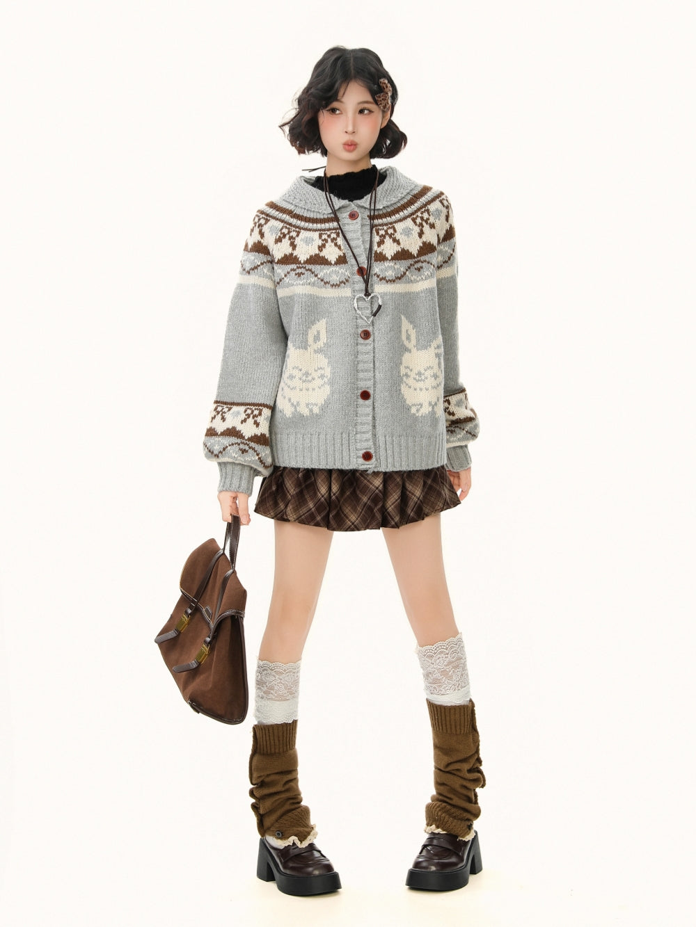 Rabbit Jacquard Cardigan with Peter Pan Collar - Sweet Preppy Knit Coat