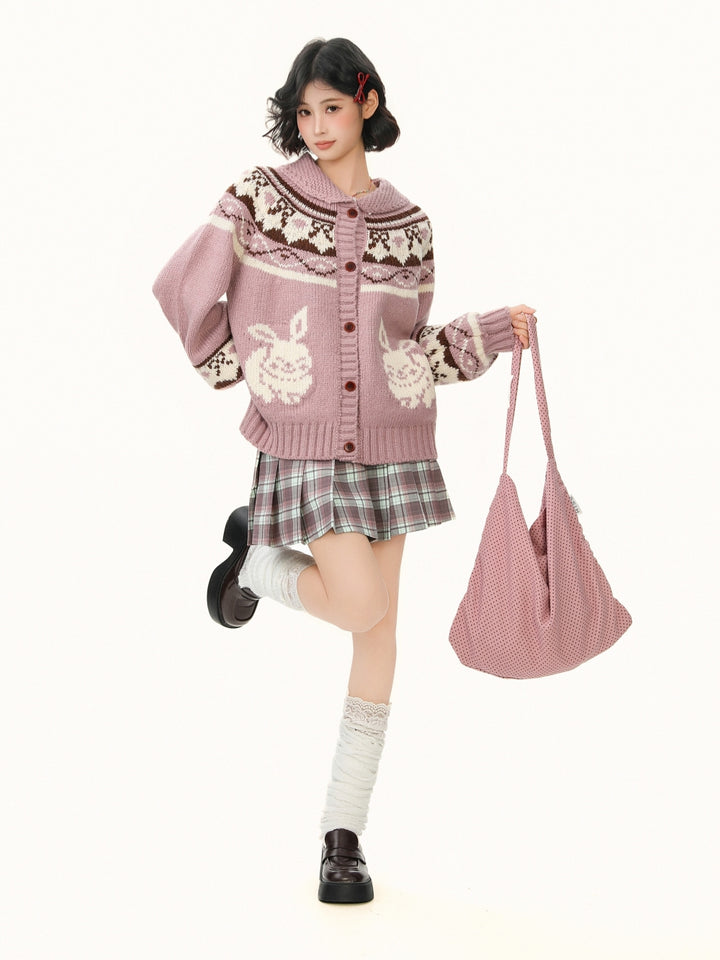 Rabbit Jacquard Cardigan with Peter Pan Collar - Sweet Preppy Knit Coat