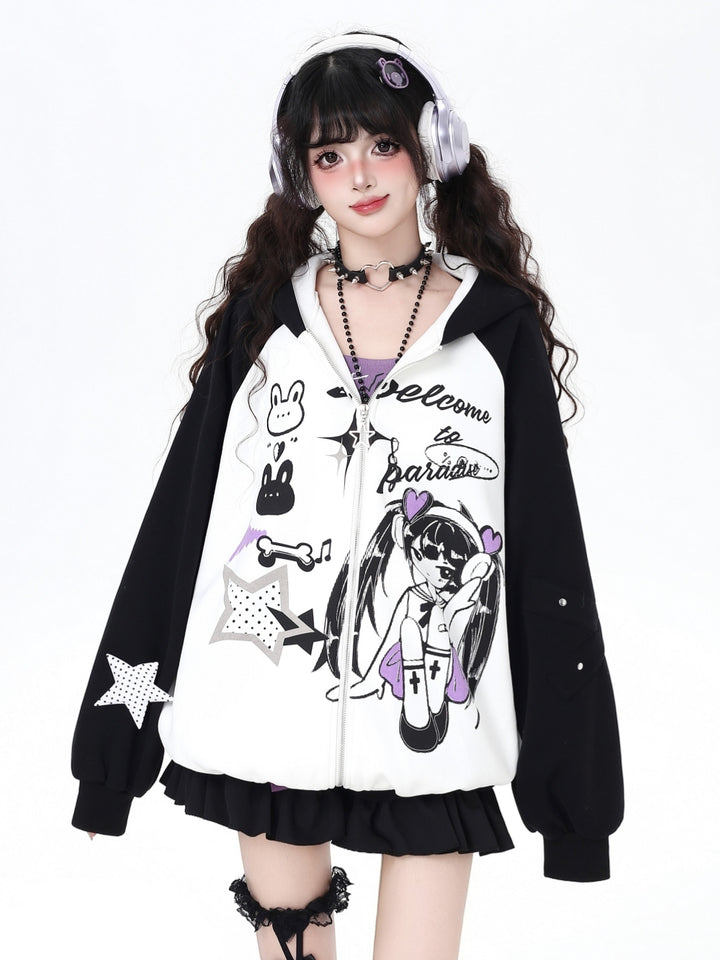 Reality Glitch Y2K Print Zip-Up Hoodie