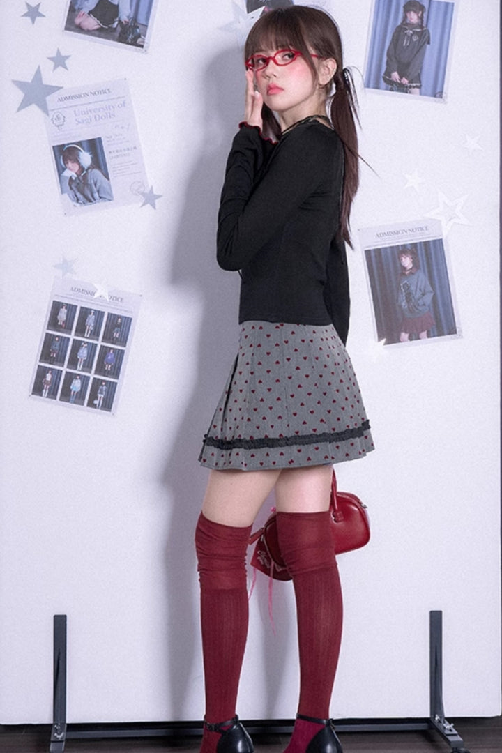 Red Flocked Pleated Skirt