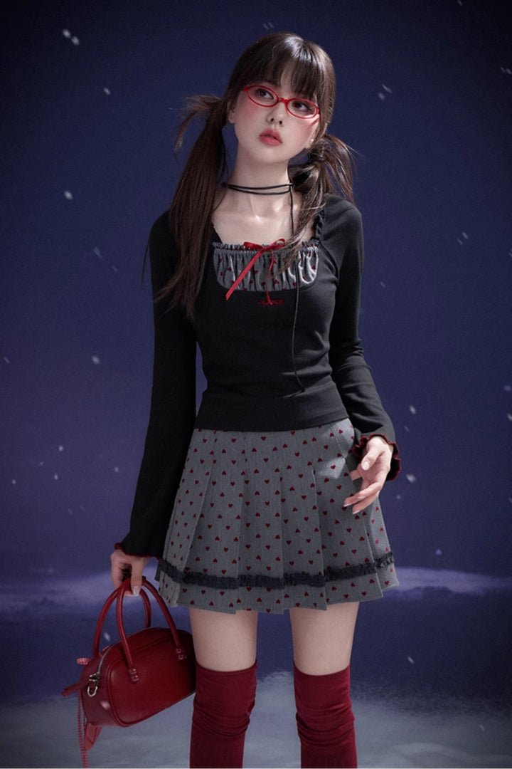 Red Flocked Pleated Skirt