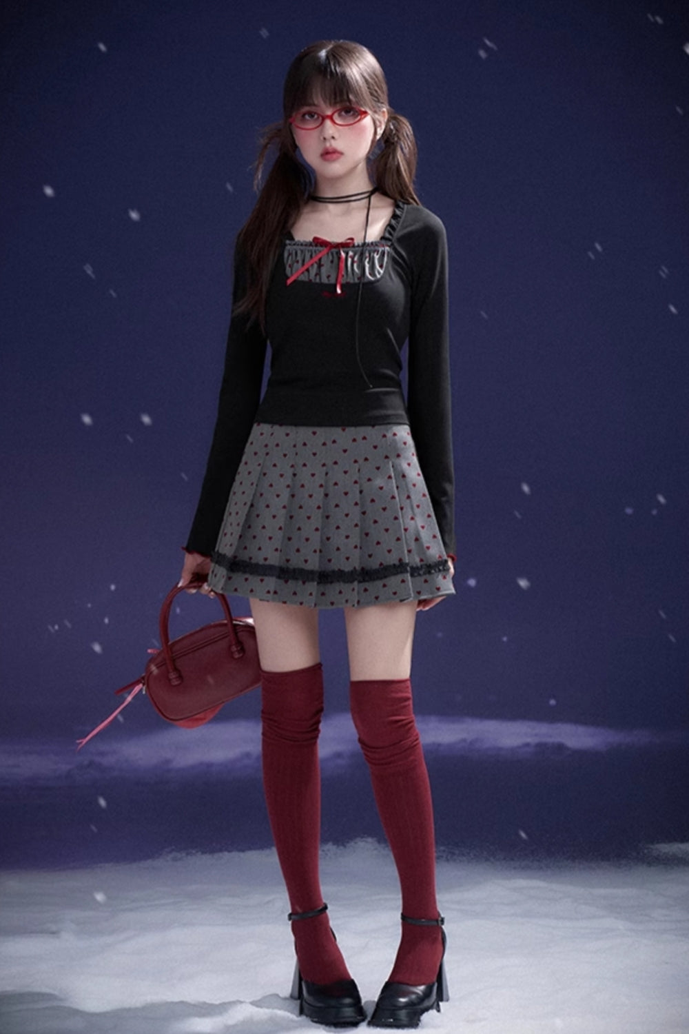 Red Flocked Pleated Skirt