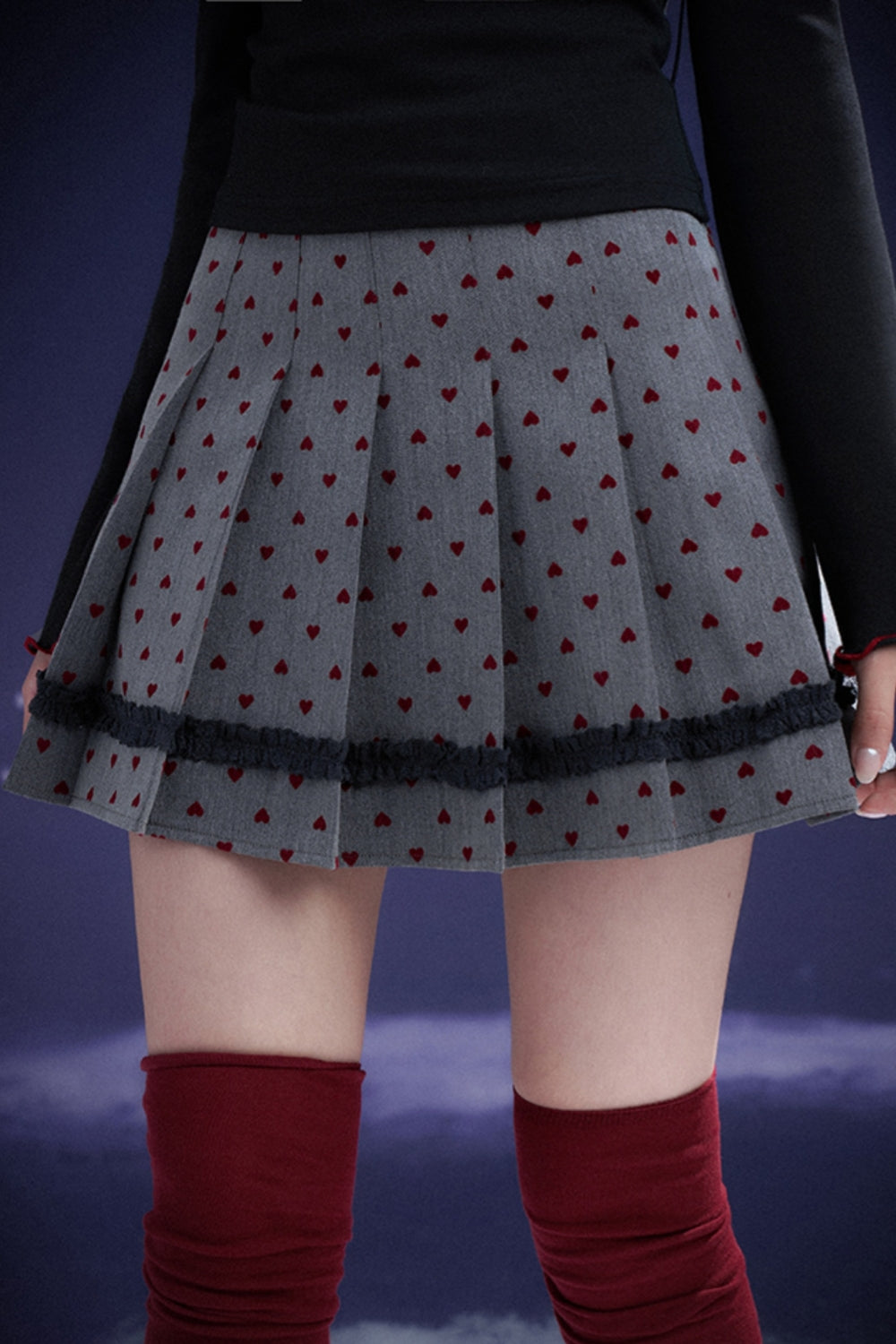 Red Flocked Pleated Skirt