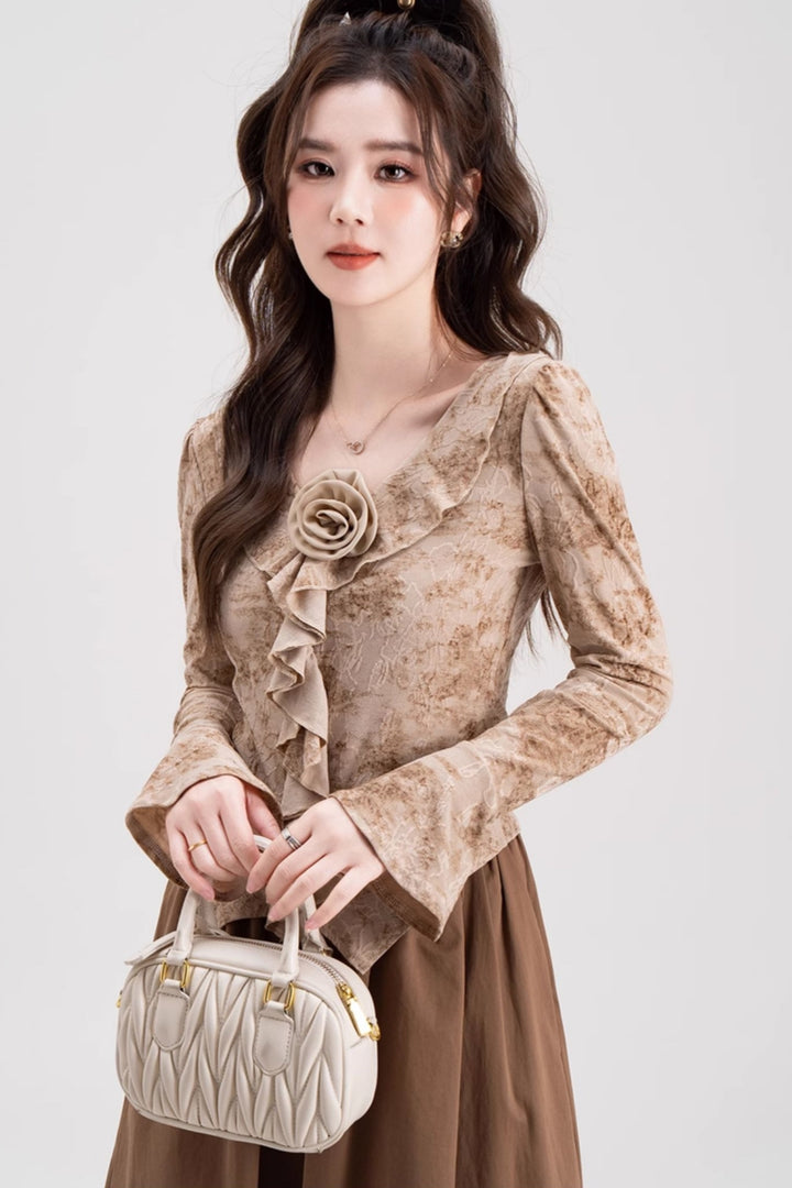 Ruffle V-Neck Fitted Elegant Top