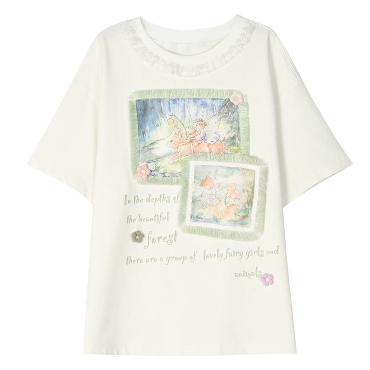 White/Green Spring/Summer Illustration Round Neck T-shirt