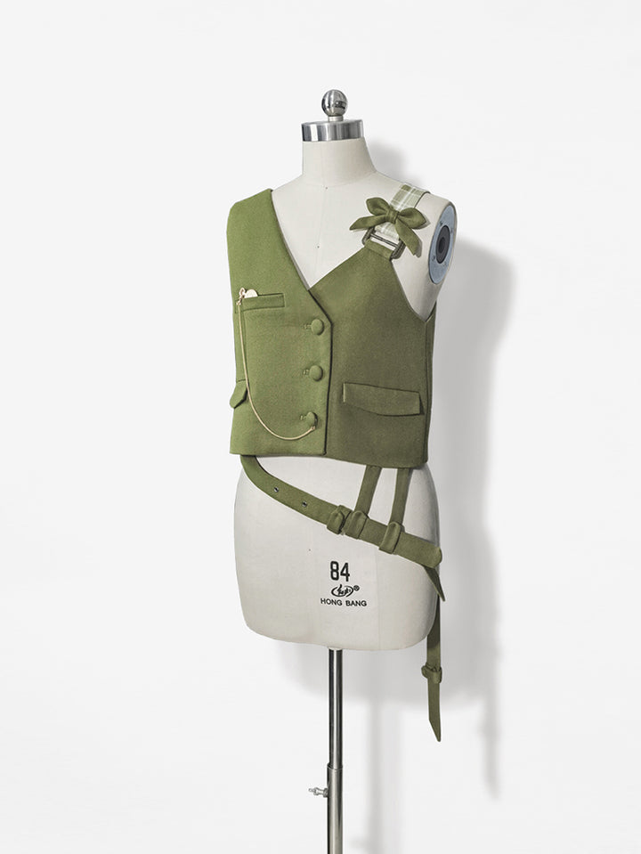 Matcha Green Retro Vest/Shirt/Capri Pants for Spring and Autumn