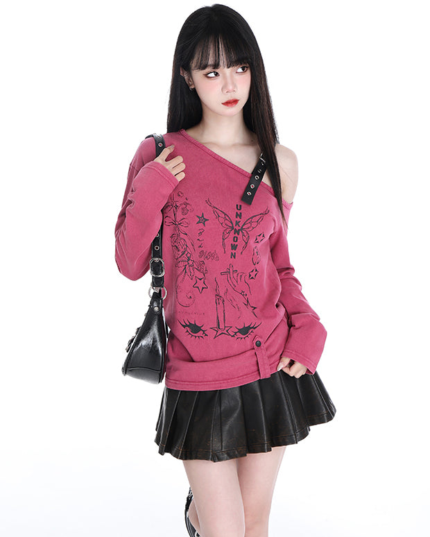 Spring Autumn American-style Printed Off-shoulder Pink/Gray Sweatshirt