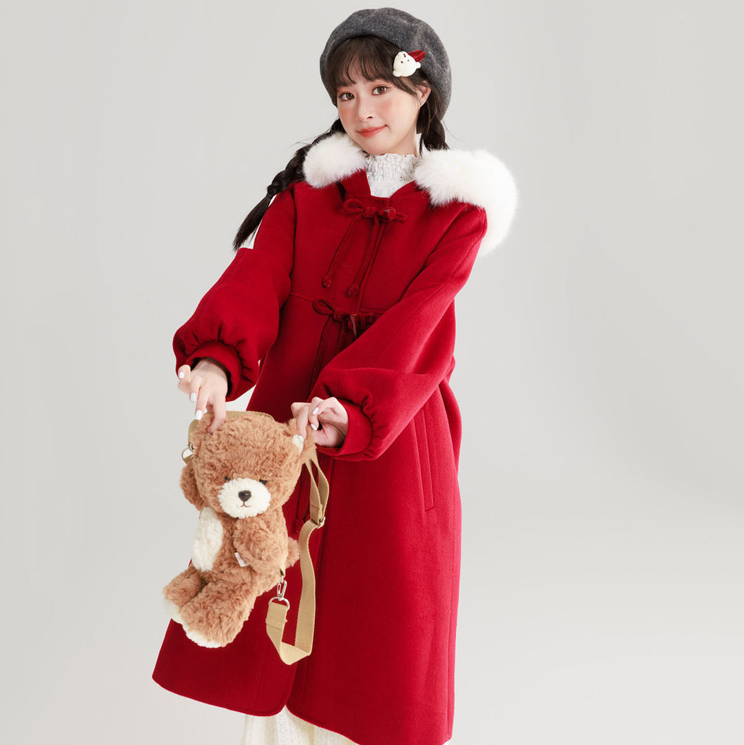 Red Wool Coat with Lantern Sleeves