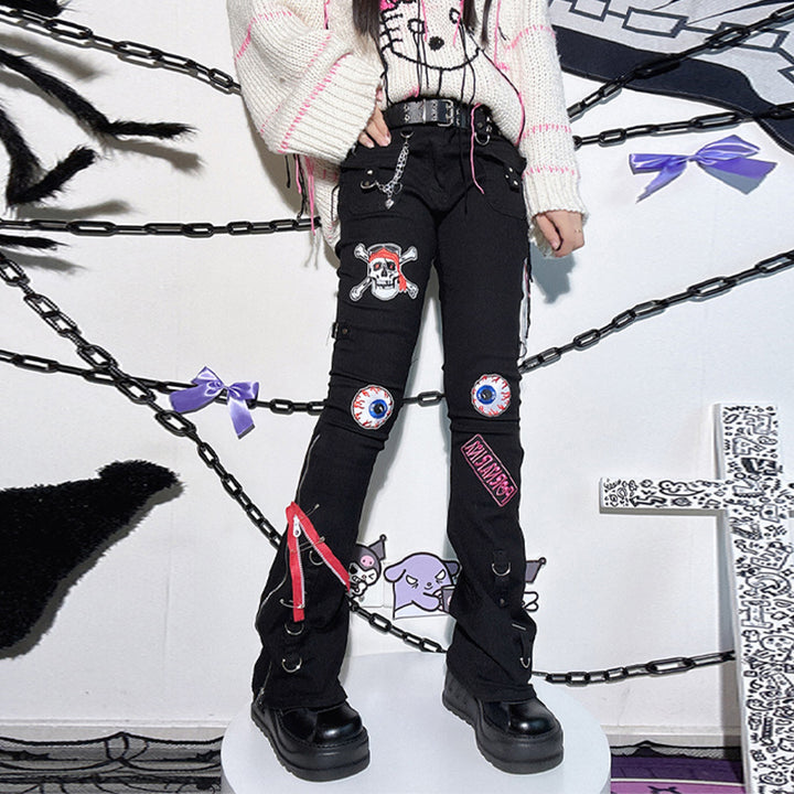 Skull Embroidery Zipper Punk Black High-waisted Jeans