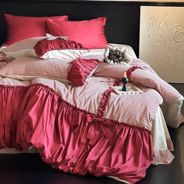 Romantic Red Polka Dot Bow Cotton Bedding Set