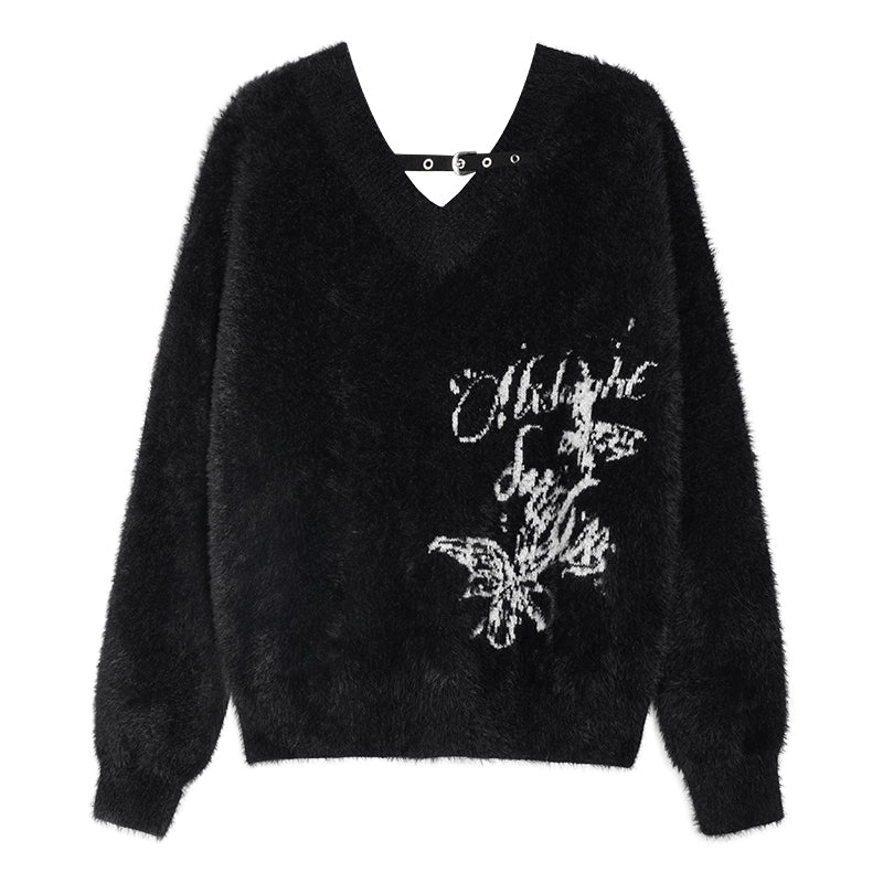 Street Style Black V-Neck Jacquard Loose Sweater