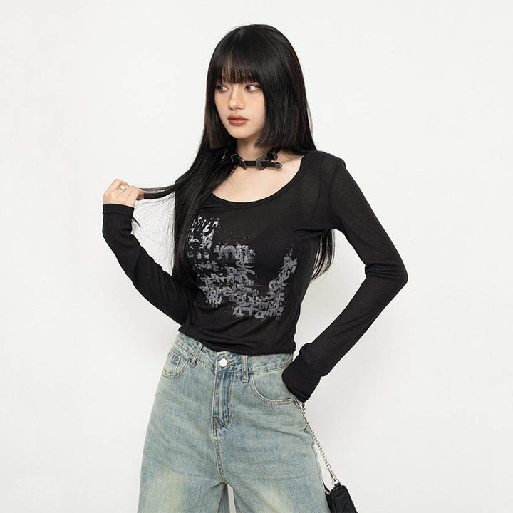 Korean fashion slim-fit long-sleeve Black top