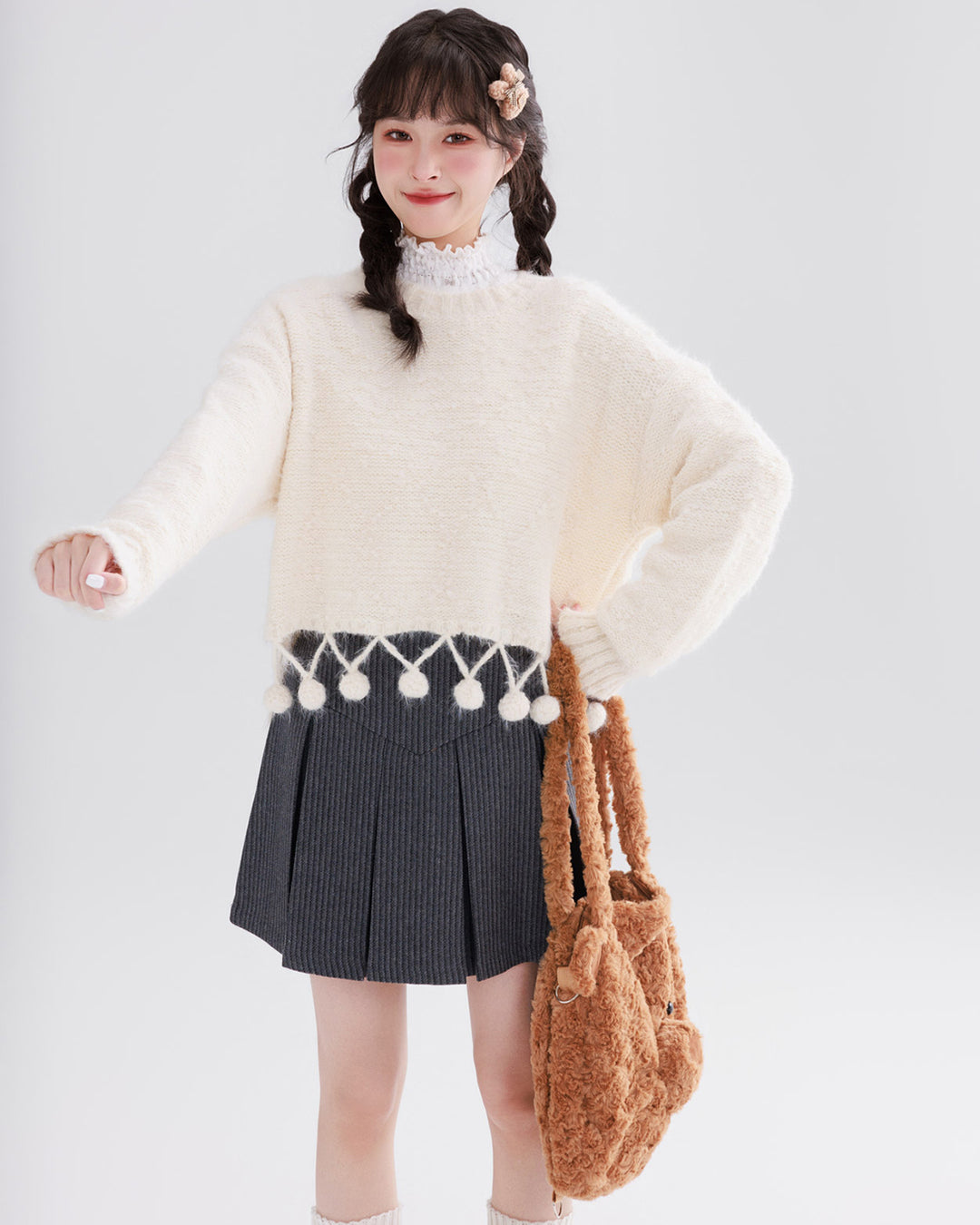 Off-White Round-Neck Sweater with Pom-Pom Details