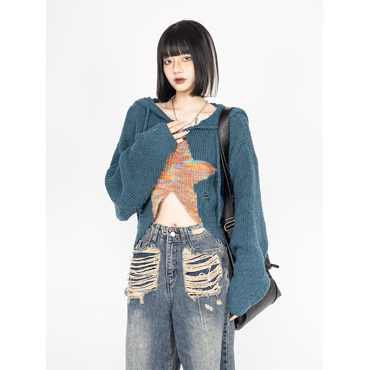Star print hooded short sweater