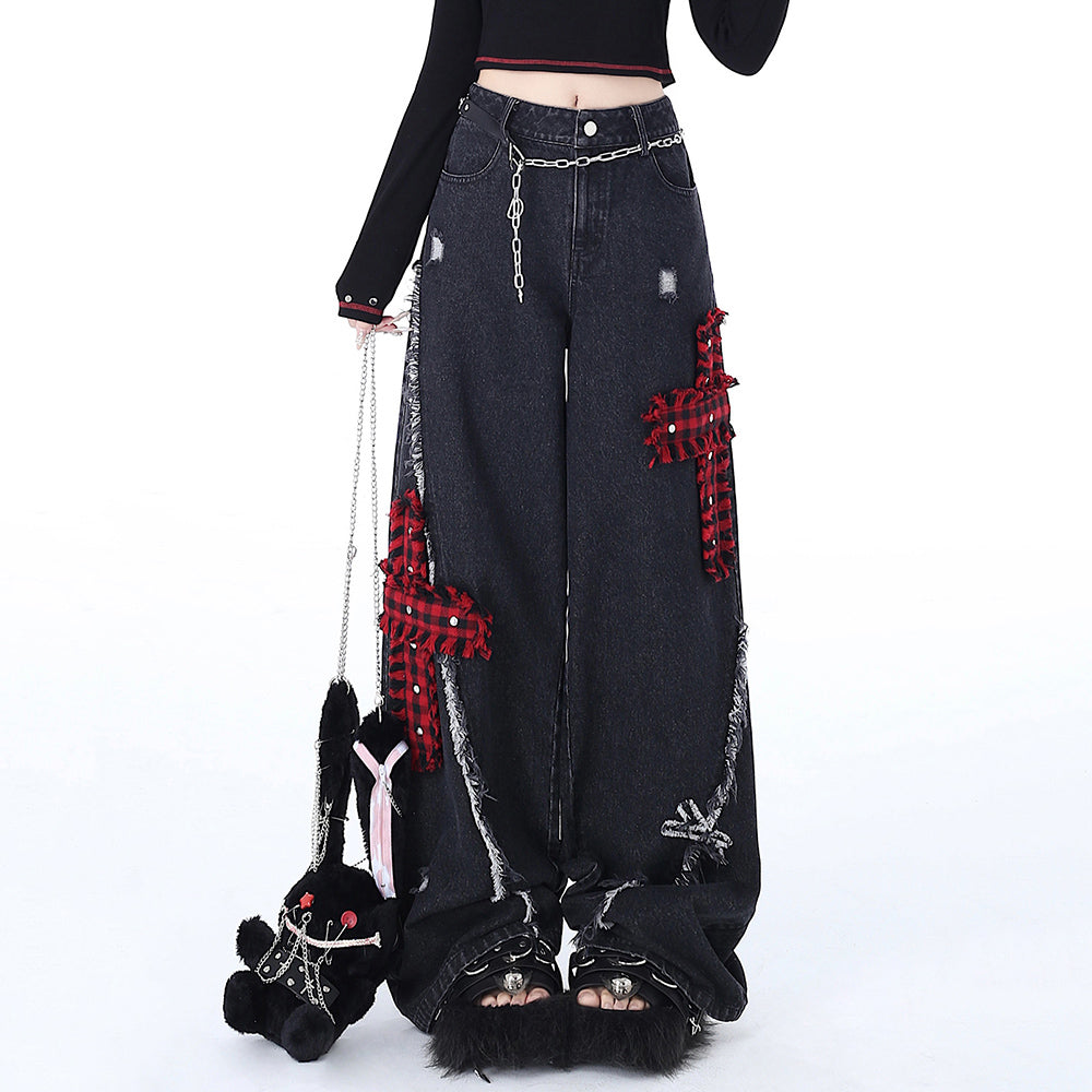 Punk Cross Embroidery Ripped Straight Wide-leg Jeans