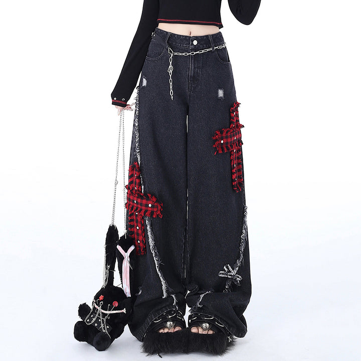 Punk Cross Embroidery Ripped Straight Wide-leg Jeans
