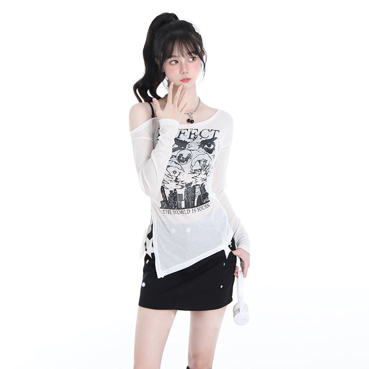 Korean Mesh Long-sleeved Thin Spring and Autumn Shoulder-baring Top
