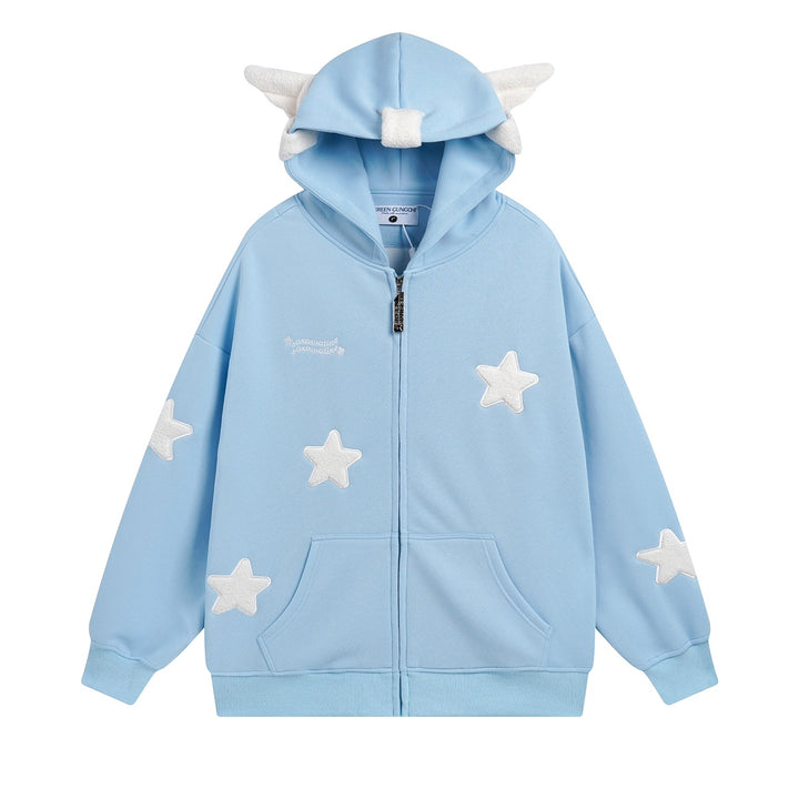 Star Wings Print Zipper Sweatshirt with Pocket