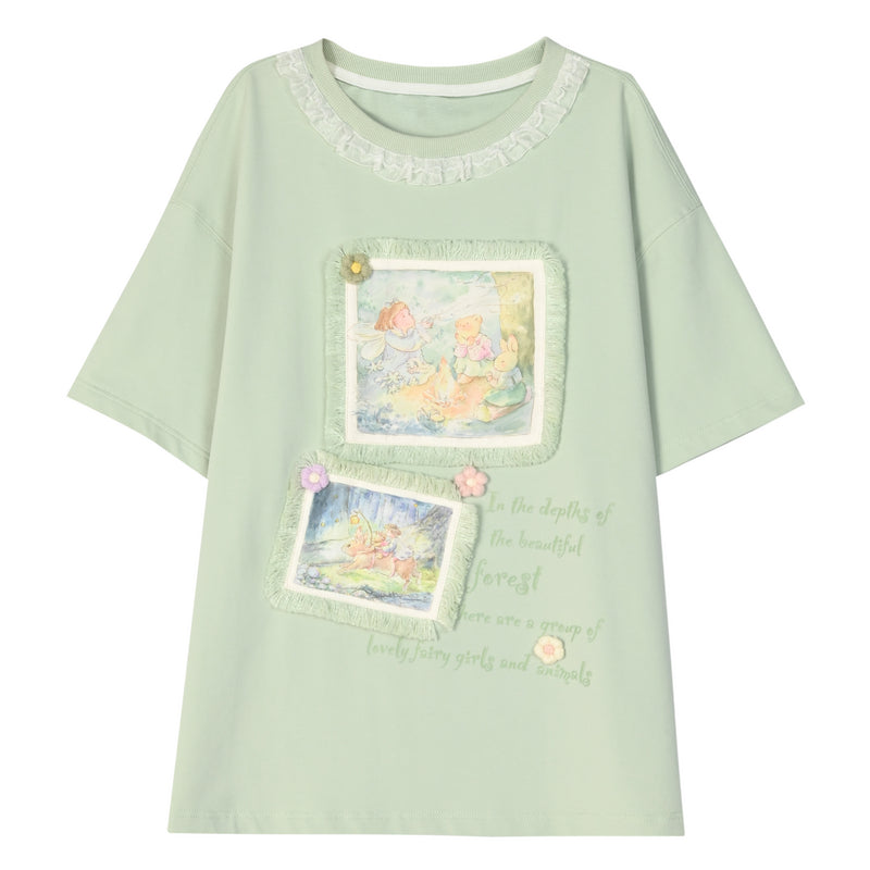 White/Green Spring/Summer Illustration Round Neck T-shirt