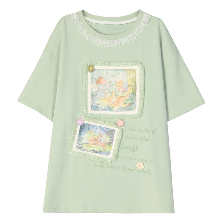 White/Green Spring/Summer Illustration Round Neck T-shirt