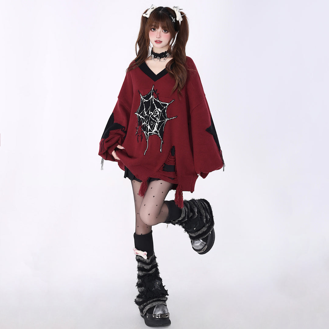 Spiderweb printed distressed V-neck sweater for autumn and winter