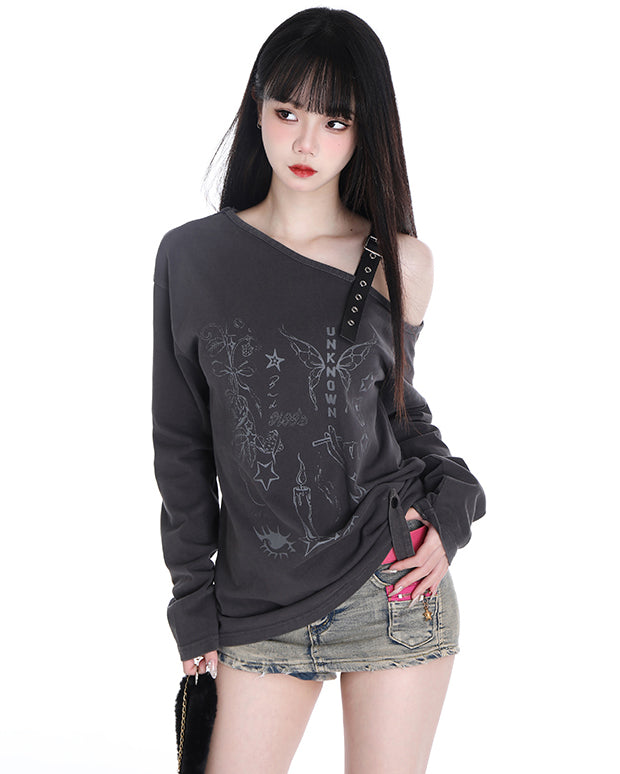 Spring Autumn American-style Printed Off-shoulder Pink/Gray Sweatshirt
