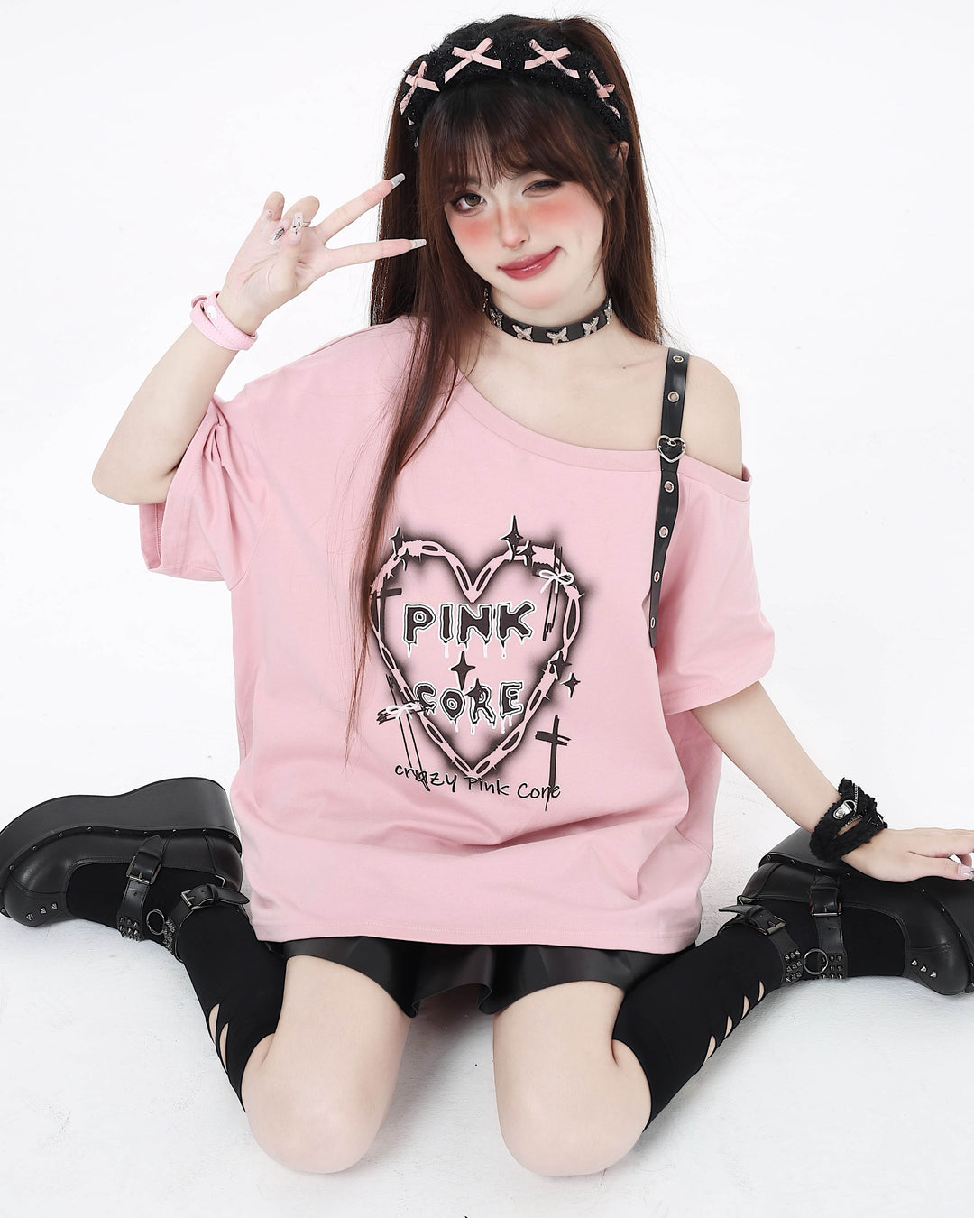 Punk Dark Heart-Shaped Printed Leather Buckle Off-Shoulder Loose T-shirt