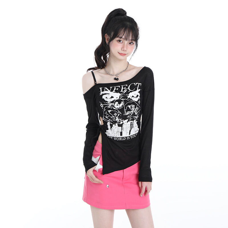 Korean Mesh Long-sleeved Thin Spring and Autumn Shoulder-baring Top