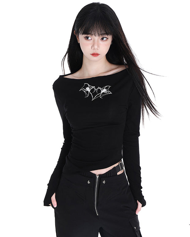 Korean spring Chic one-shoulder long-sleeve t-shirt for women