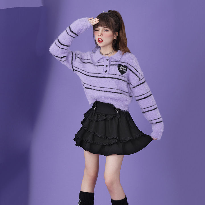 Striped Knit Polo Purple Casual Sweater