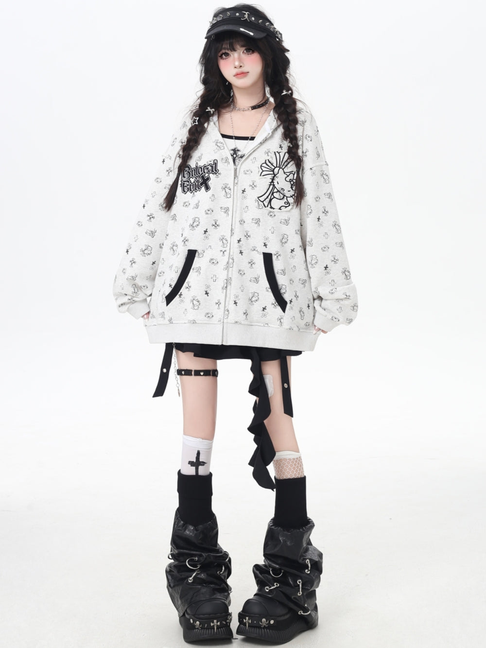 Sweet Y2K Kitten Print Zip-Up Hoodie