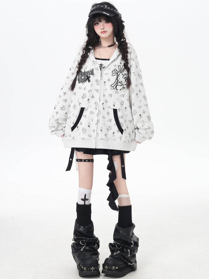 Sweet Y2K Kitten Print Zip-Up Hoodie