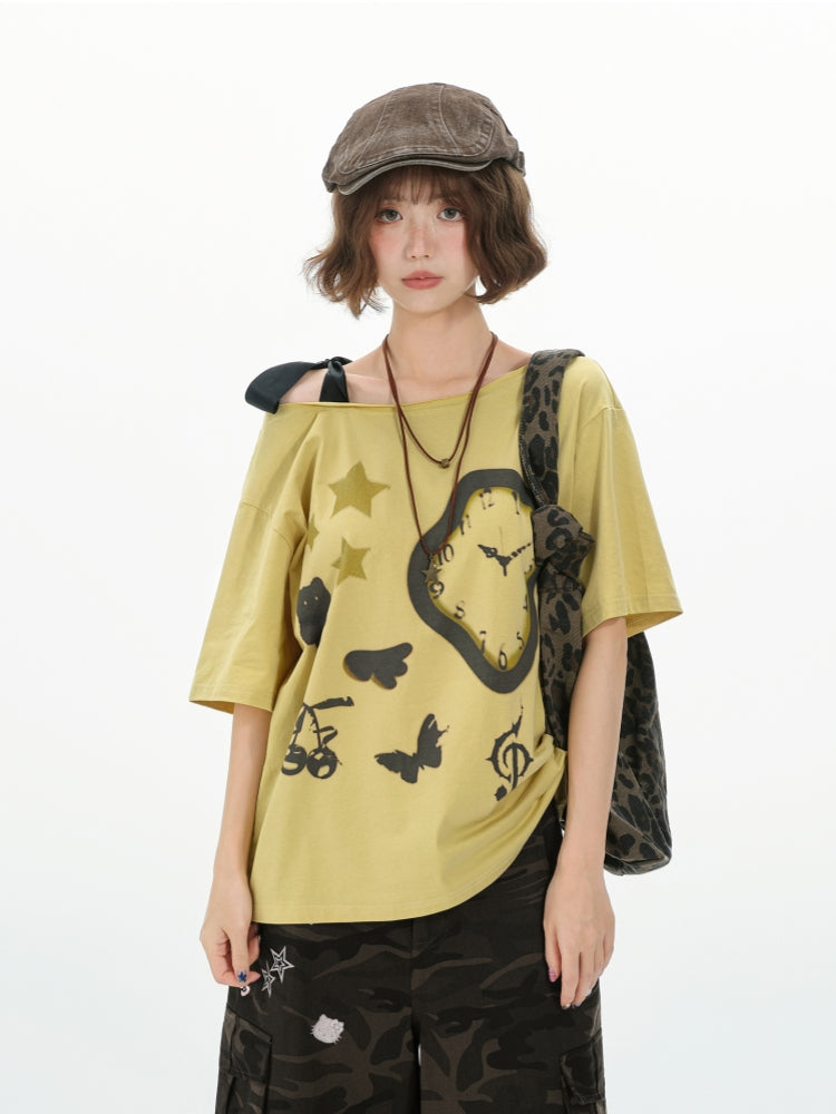 Whimsical One-Shoulder Clock Print Top