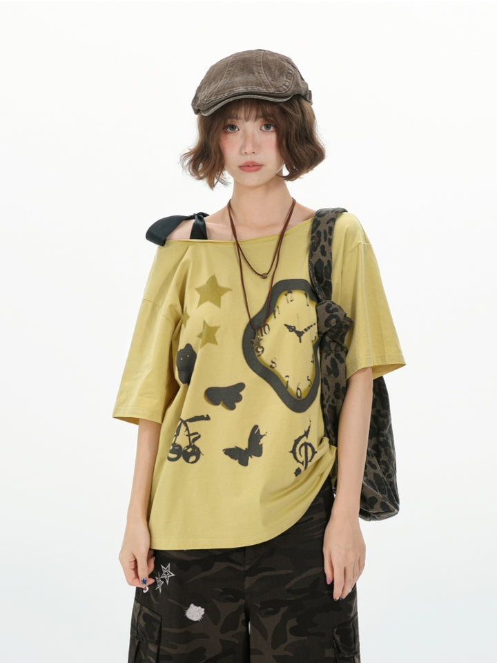 Whimsical One-Shoulder Clock Print Top