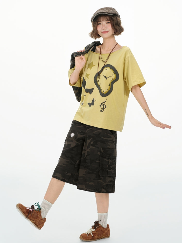 Whimsical One-Shoulder Clock Print Top