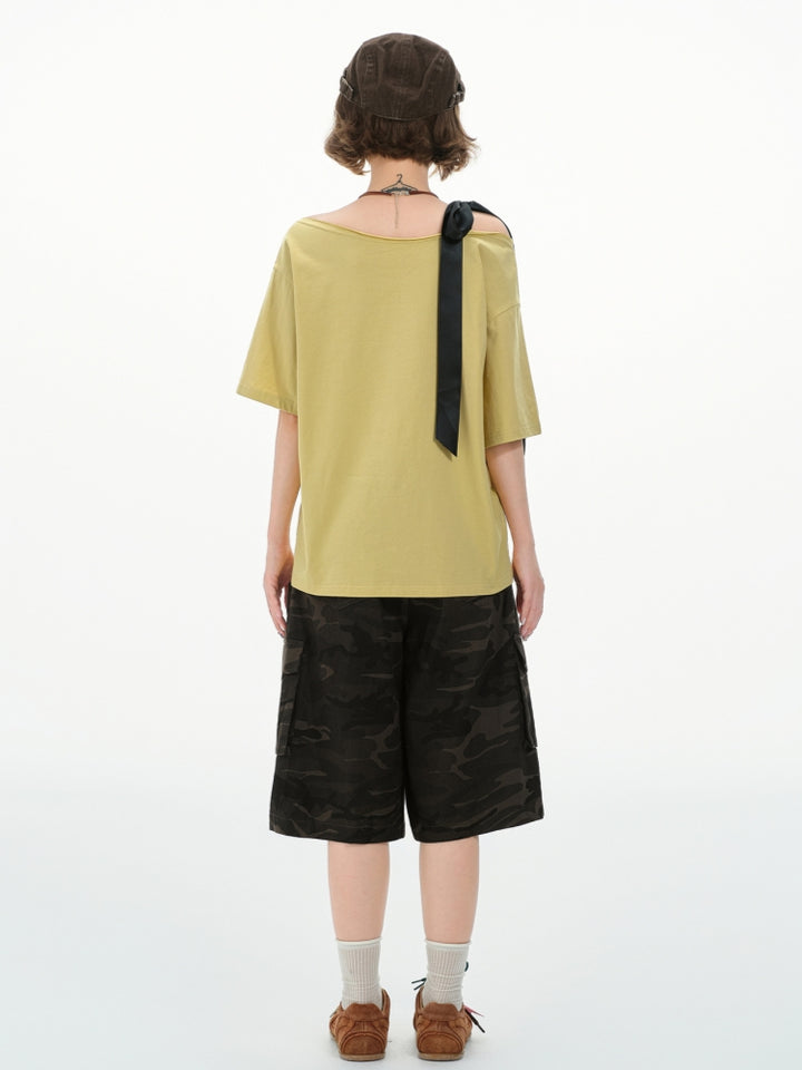 Whimsical One-Shoulder Clock Print Top