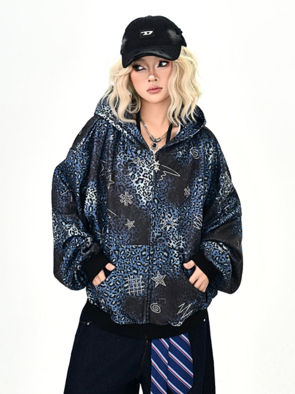 Women's Graffiti Print Zip-Up Hoodie Top