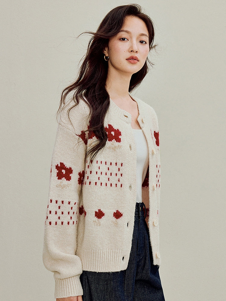 Women's Jacquard Knit Cardigan - Elegant Patterned Open Front Sweater