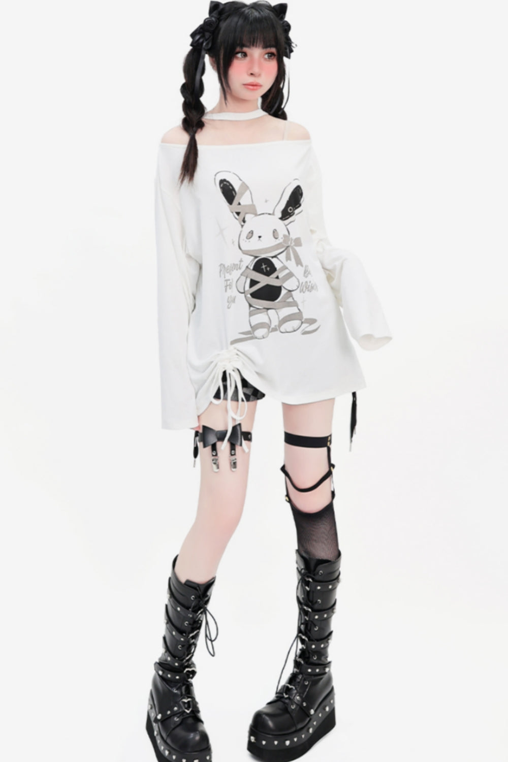 White Off-Shoulder Drawstring Loose-Fit Long Sleeve Thin Top