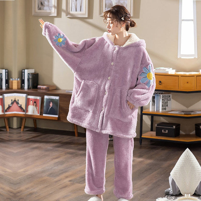 Sweet Lavender Daisy Fluffy Hooded Nigh Pajama Set | Juwas