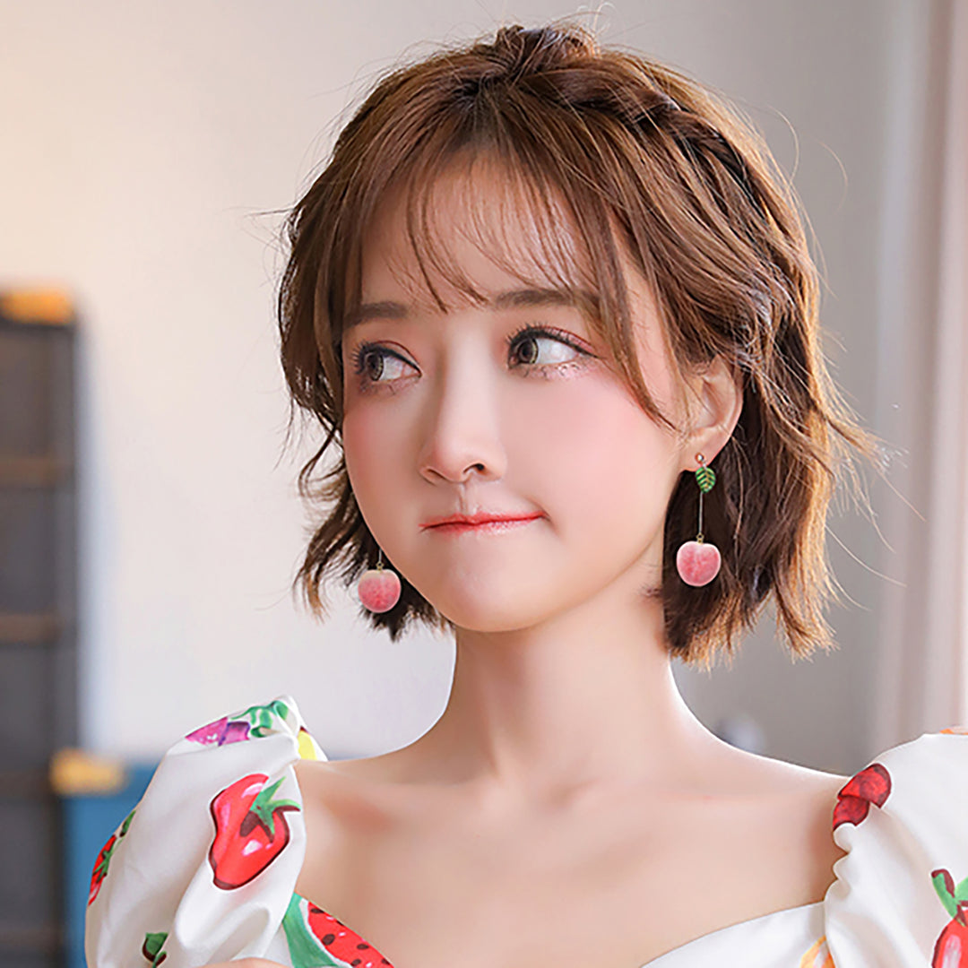 Sweet Peach Fruit Leaf Dangle Earrings