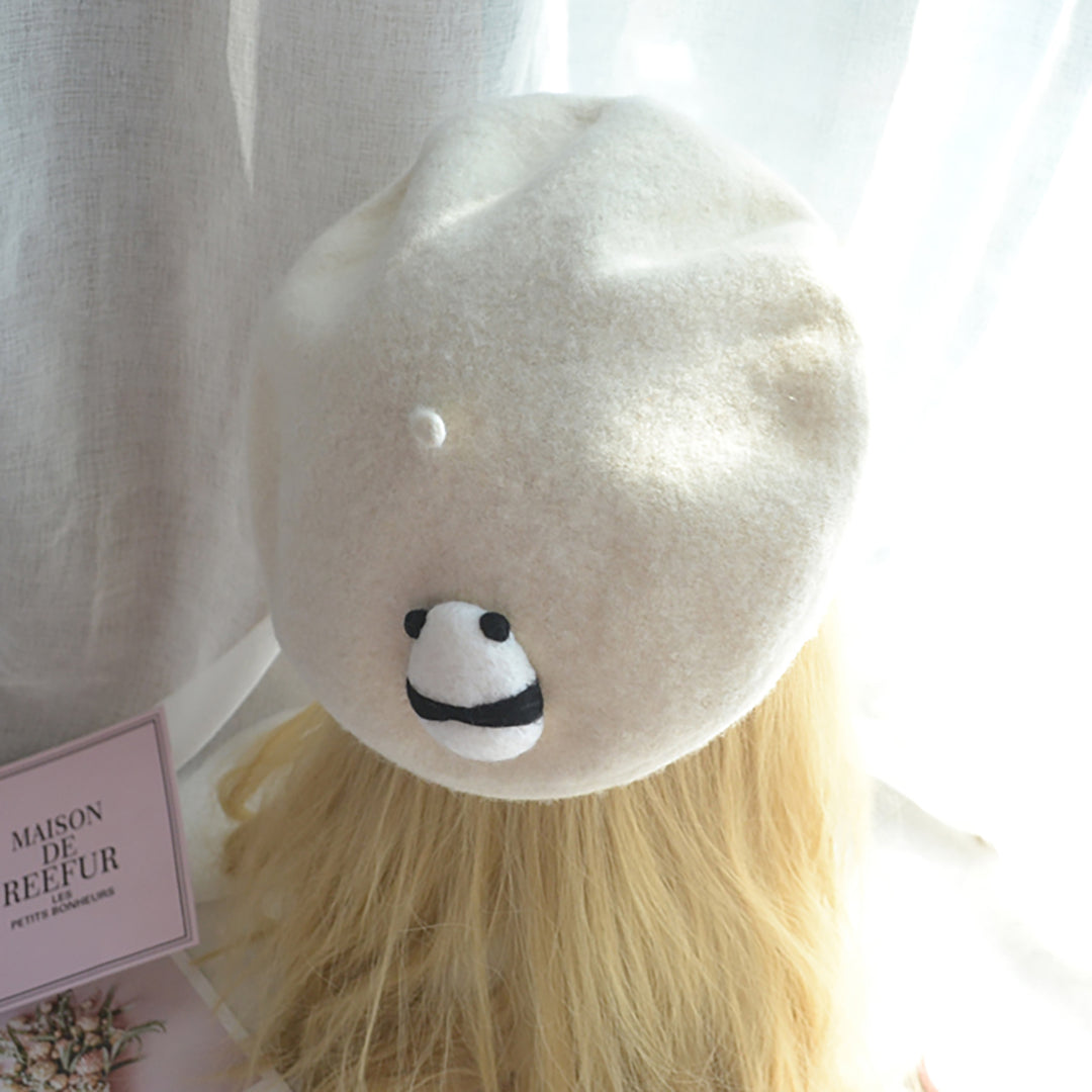 Panda Back White Beret Hat
