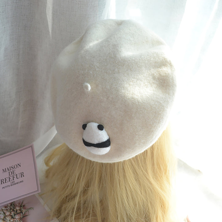 Panda Back White Beret Hat