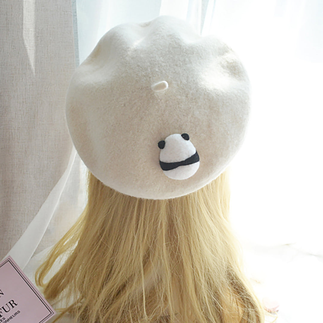 Panda Back White Beret Hat