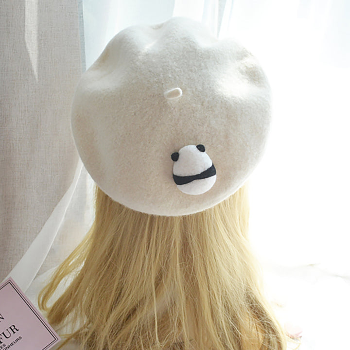 Panda Back White Beret Hat