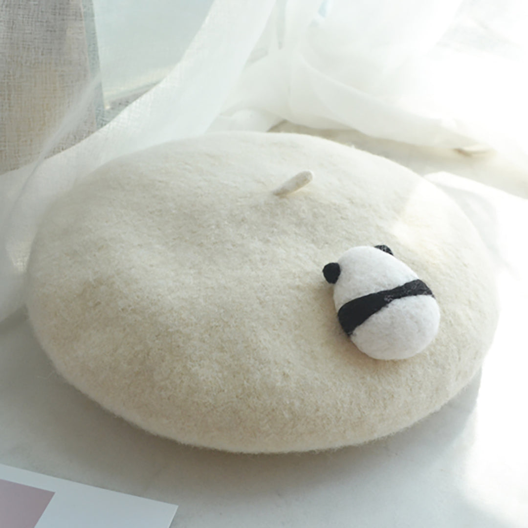 Panda Back White Beret Hat