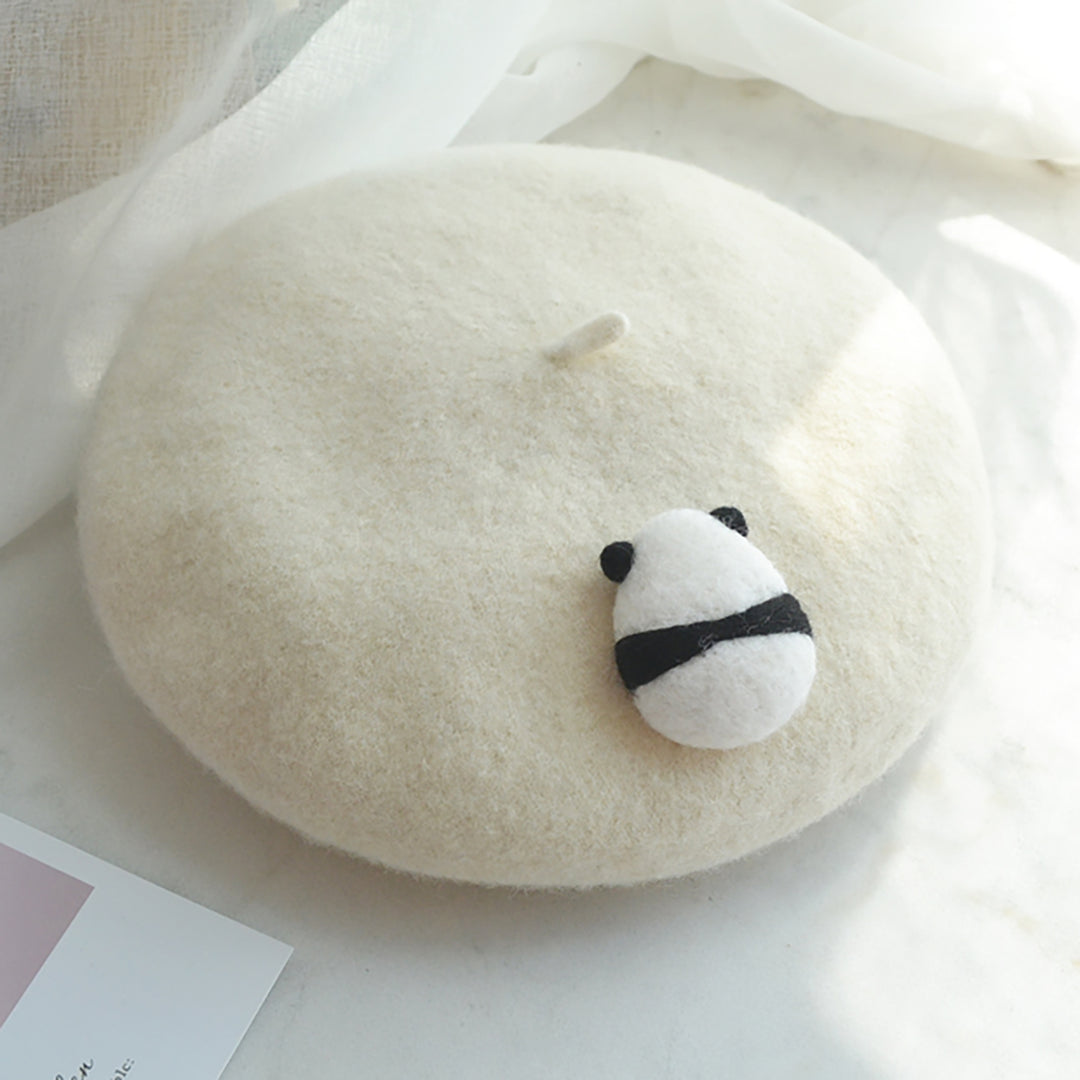 Panda Back White Beret Hat